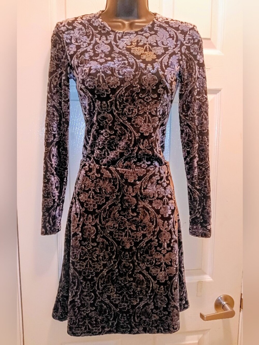 Vintage Bruno Duluc Longsleeve Velvet Burnout 2pc Bodysuit Skirt Set Purple Gray